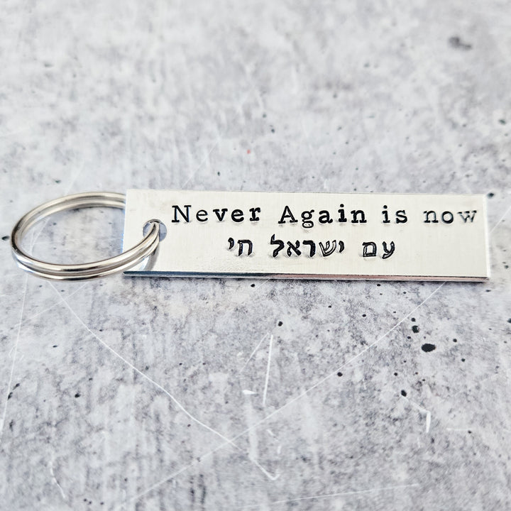 Never Again is Now Keychain | Jewish Pride Silver Aluminum Keychain | Am Yisrael Chai Key Ring | Stand with Israel Donation | Proud Zionist Salt and Sparkle