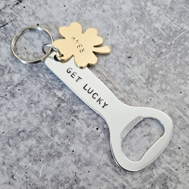 GET LUCKY Personalized St. Patrick's Day Beer Bottle Opener Keychain - St. Paddy's Day Gift for Husband Salt and Sparkle