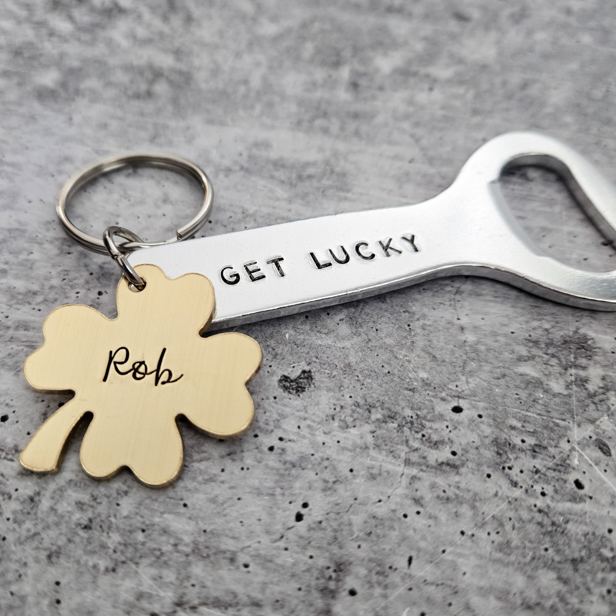 Personalized Lucky Four Leaf Clover - St. Patrick's Day Minimalist Keychain Salt and Sparkle