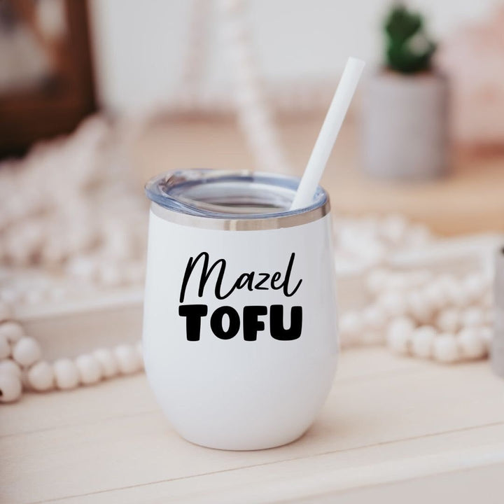 Mazel Tofu Wine Tumbler Travel Cup | Funny Jewish Vegan Gift Insulated Wine Tumbler Salt and Sparkle