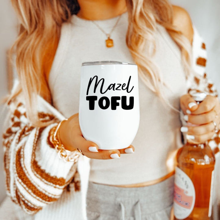 Mazel Tofu Wine Tumbler Travel Cup | Funny Jewish Vegan Gift Insulated Wine Tumbler Salt and Sparkle