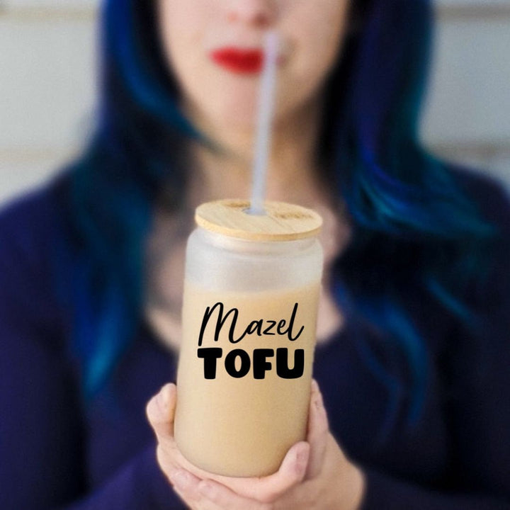 Mazel Tofu Printed Glass Can Cup | Funny Jewish Vegan Humor Gift Salt and Sparkle