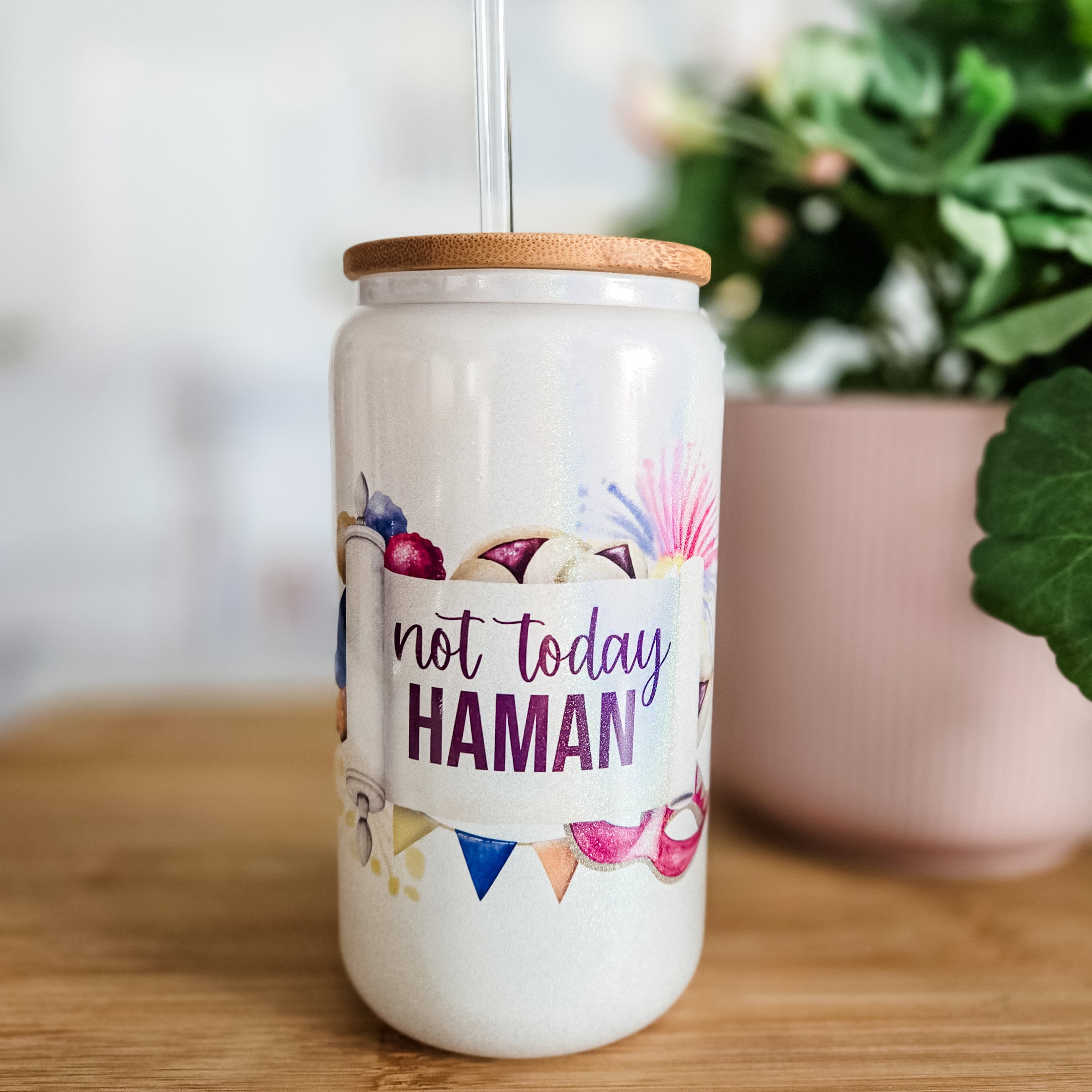 Not Today Haman Purim Glass Can Cup Salt and Sparkle