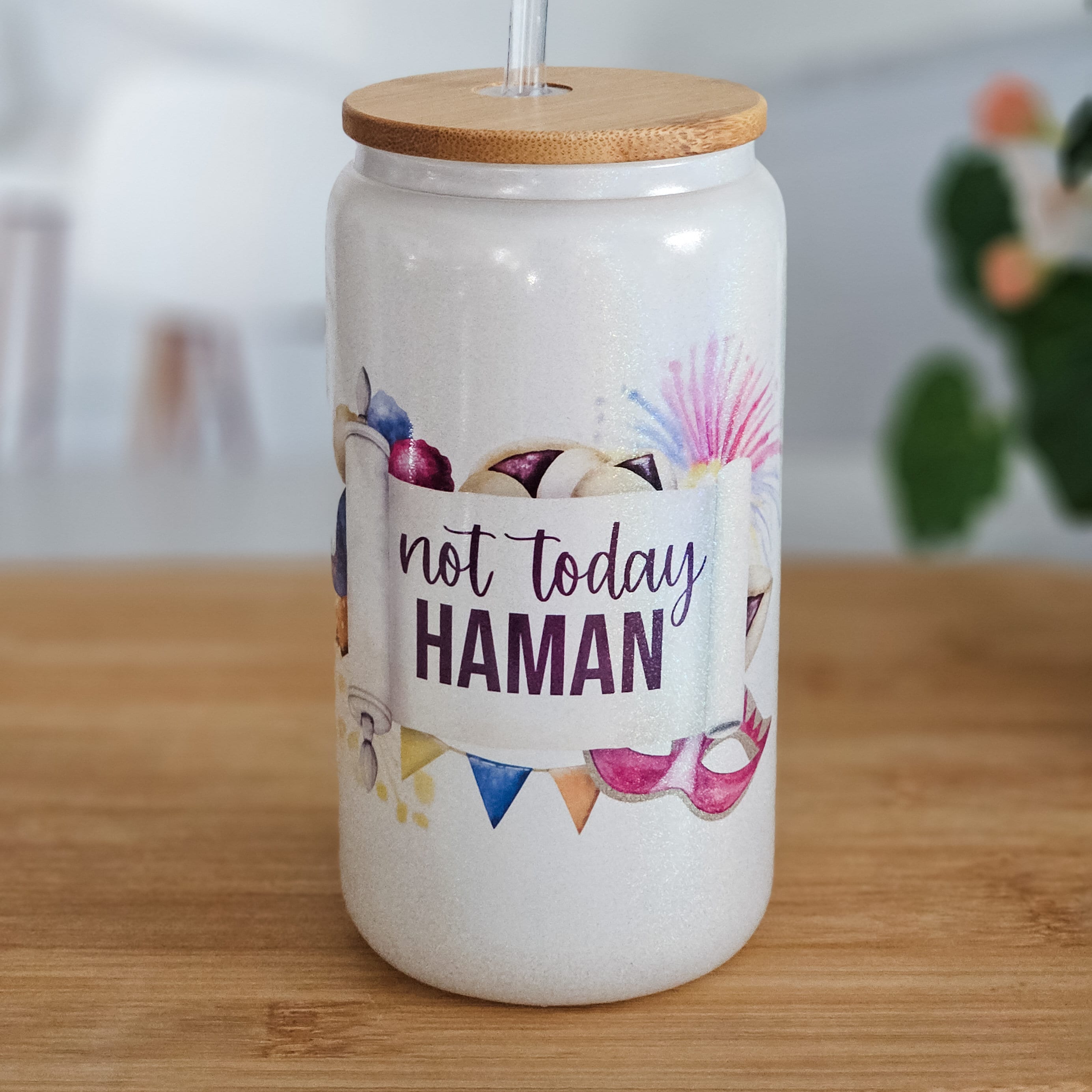 Not Today Haman Purim Glass Can Cup Salt and Sparkle