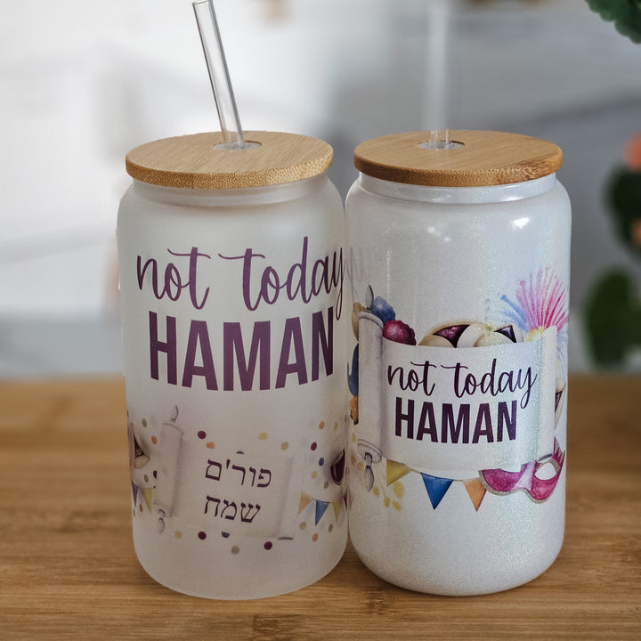 Not Today Haman Purim Glass Can Cup Salt and Sparkle