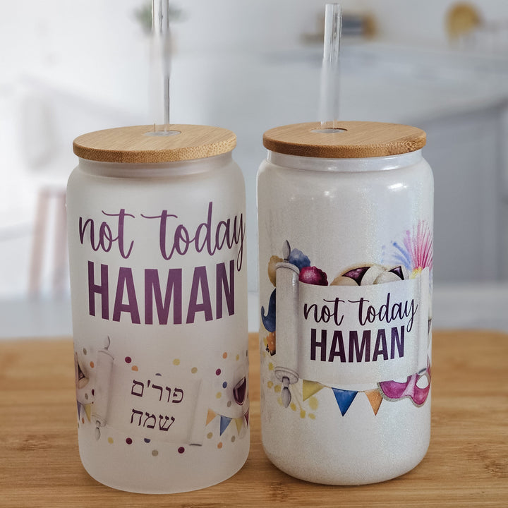 Not Today Haman Purim Glass Can Cup Salt and Sparkle