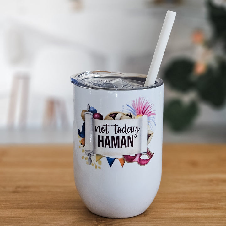 Not Today Haman Funny Purim Wine Tumbler | Wine Travel Cup for Purim Party Salt and Sparkle