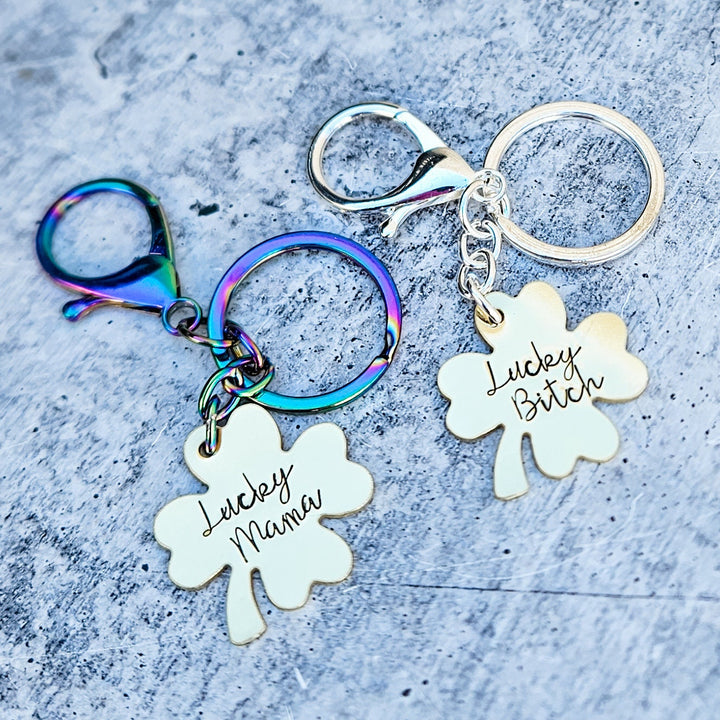 Lucky Daddy Four Leaf Clover Keyring - Lucky Mama St. Patrick's Day Minimalist Keychain Salt and Sparkle