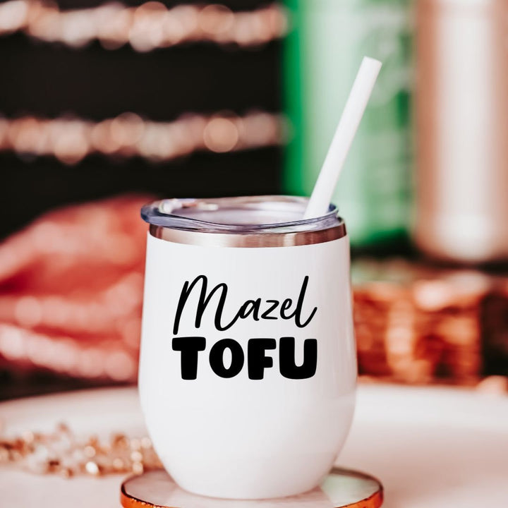 Mazel Tofu Wine Tumbler Travel Cup | Funny Jewish Vegan Gift Insulated Wine Tumbler Salt and Sparkle