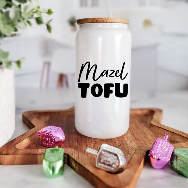 Mazel Tofu Printed Glass Can Cup | Funny Jewish Vegan Humor Gift Salt and Sparkle